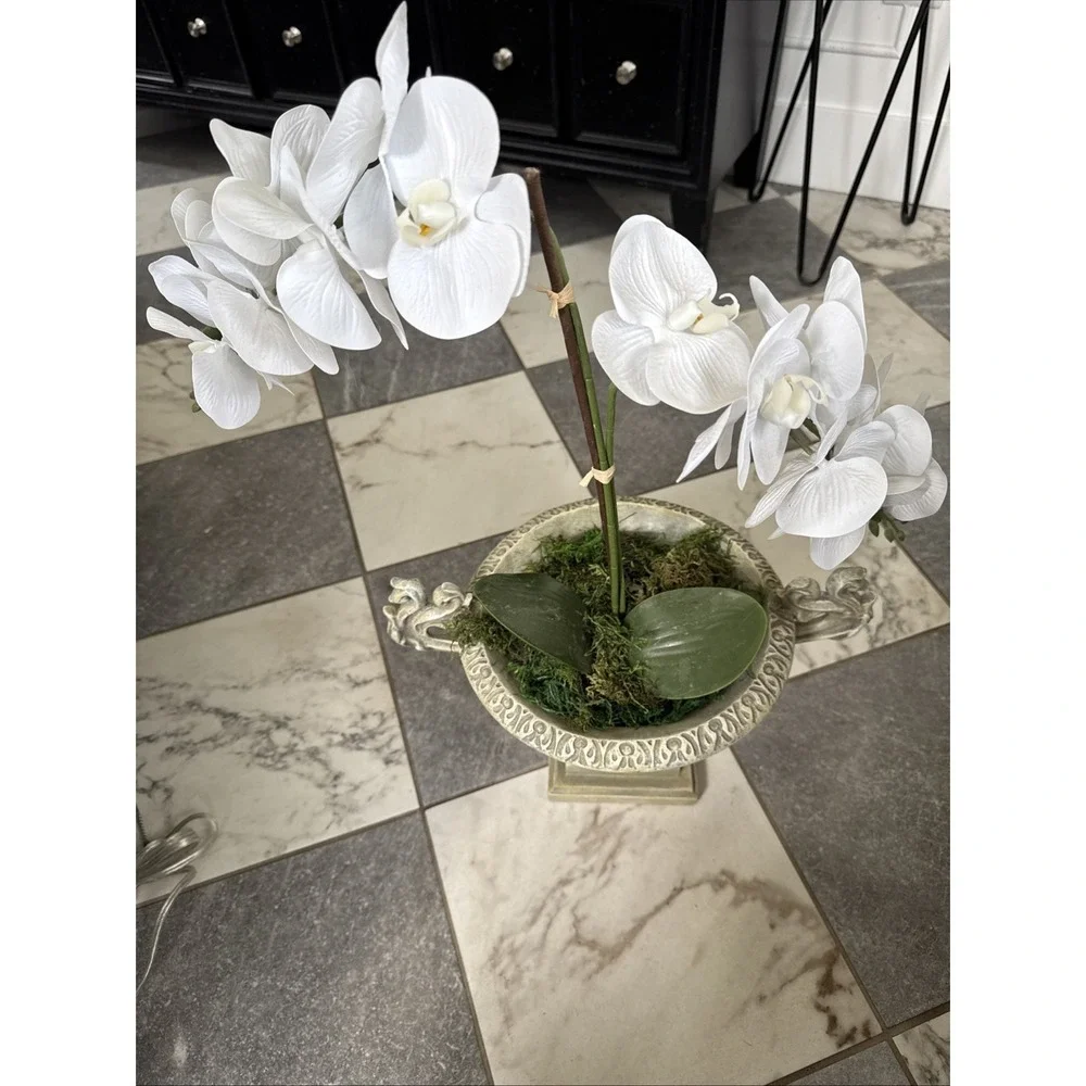 Resin Footed Urn Planter with Faux Orchid Green Mid Century Modern 15x8.75